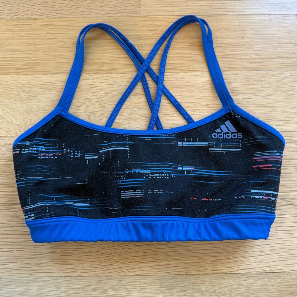 Adidas Black Blue Stripe Glitch Criss-Cross Back Sports Bra | 10.5” Flat Band